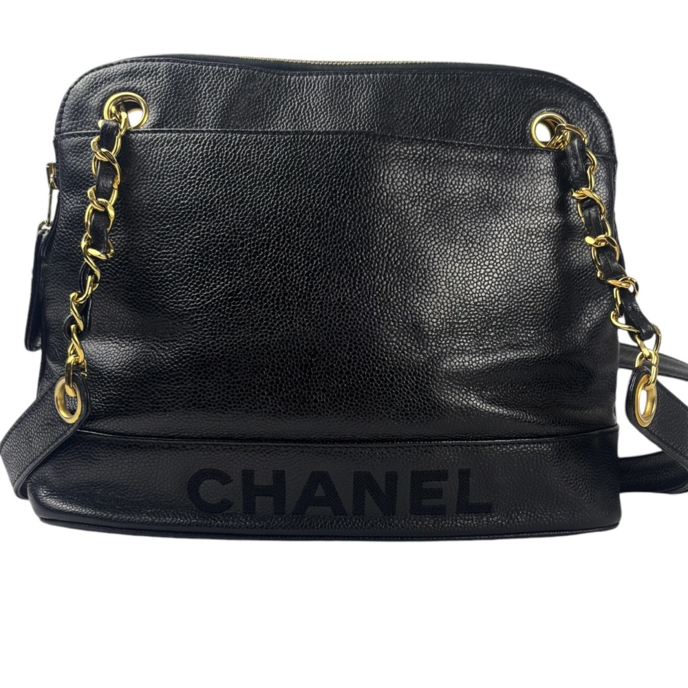 CHANEL Black Caviar CC Logo Vintage Chain Dome Bag